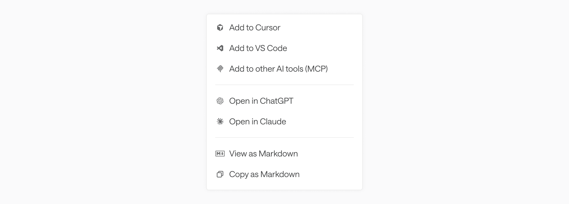 Ask AI dropdown with MCP server options